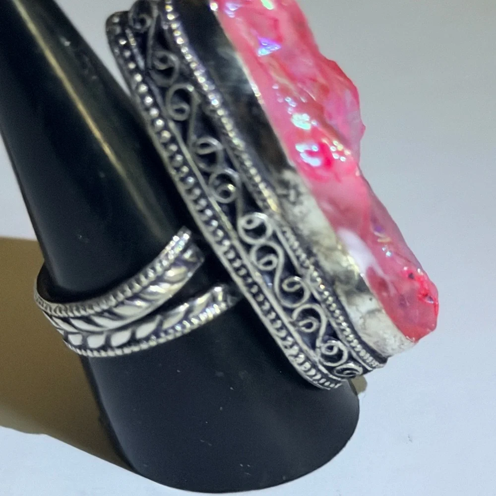 New Artesian Angel Aura Quartz Statement Ring 925 Sterling Silver (Stamped)